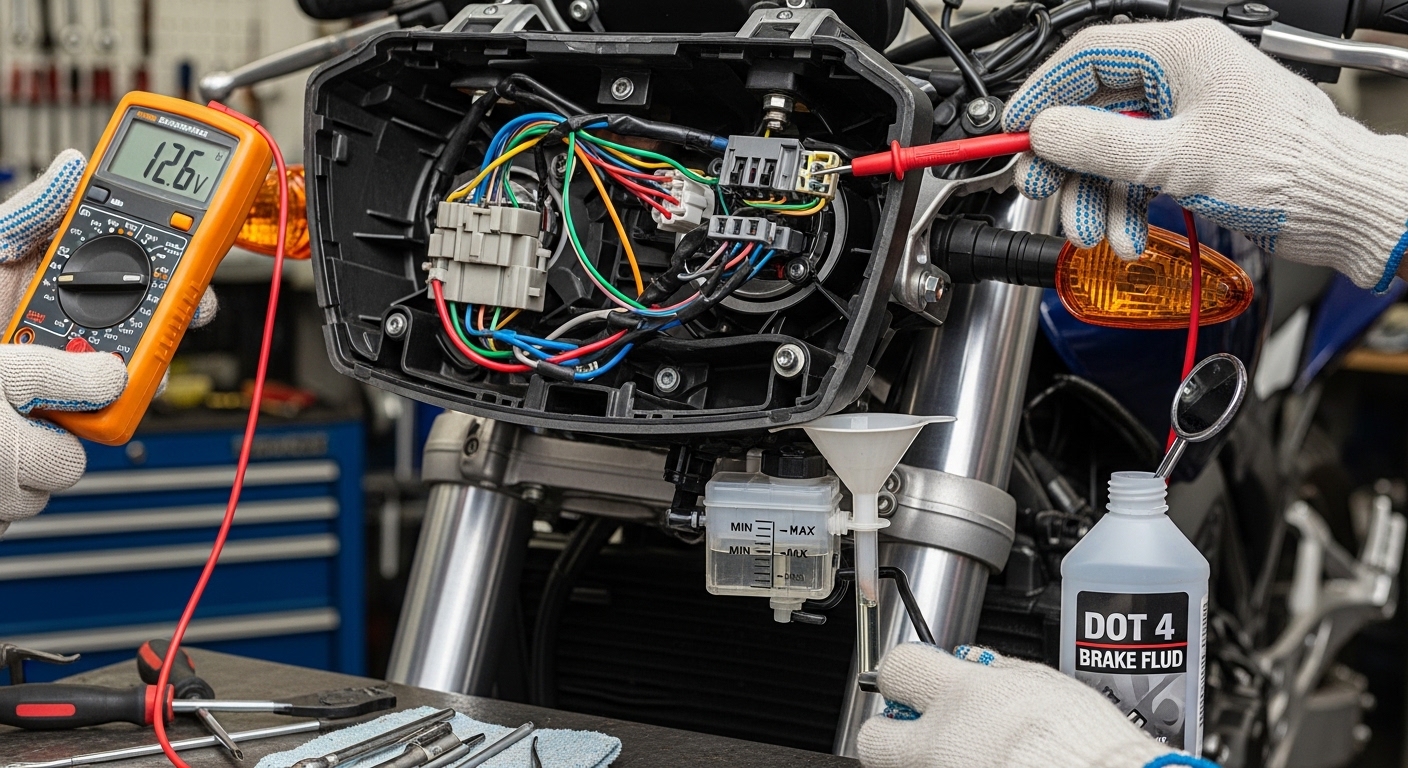 Motorcycle lights electrical system and fluid inspection