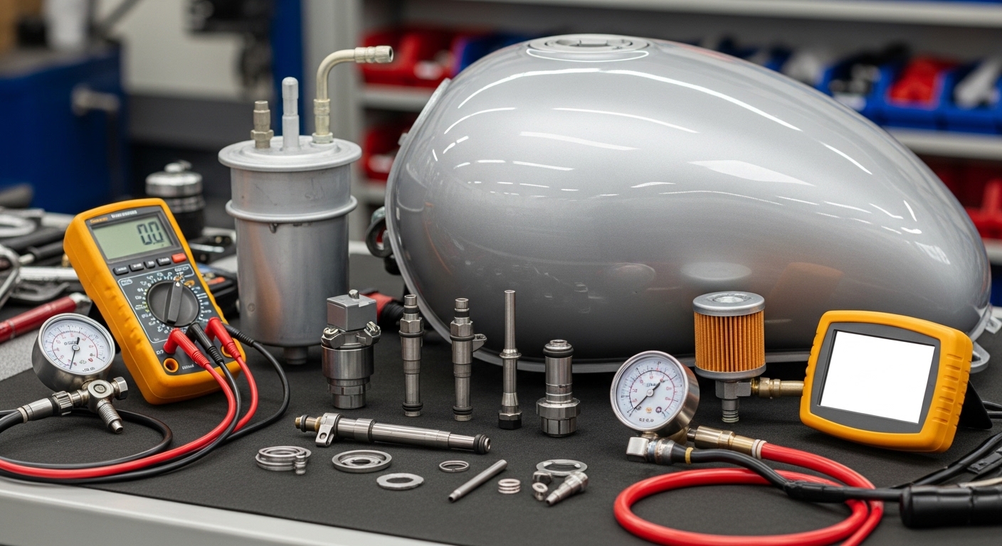 Technician checking motorcycle engine performance and fuel system health