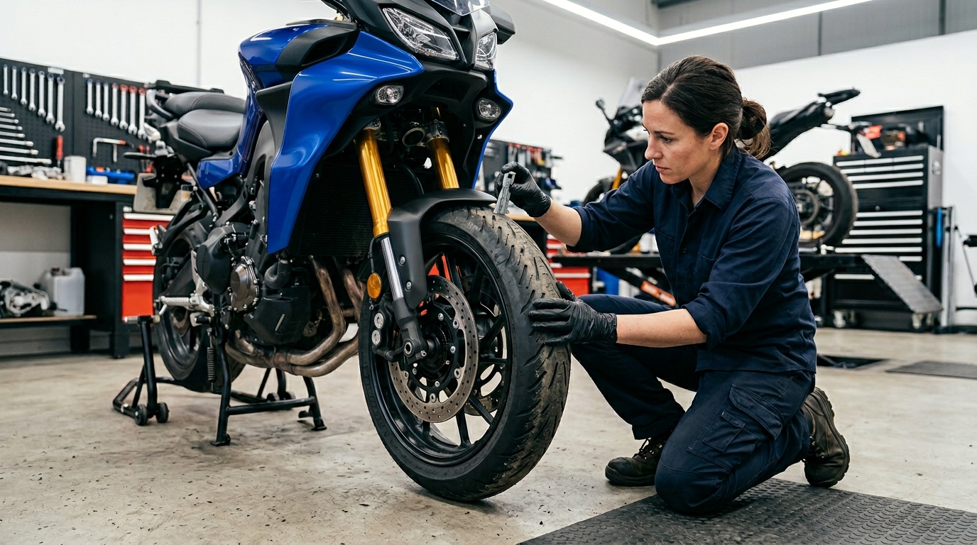 Mechanic inspecting motorcycle tire replacement needs before a ride