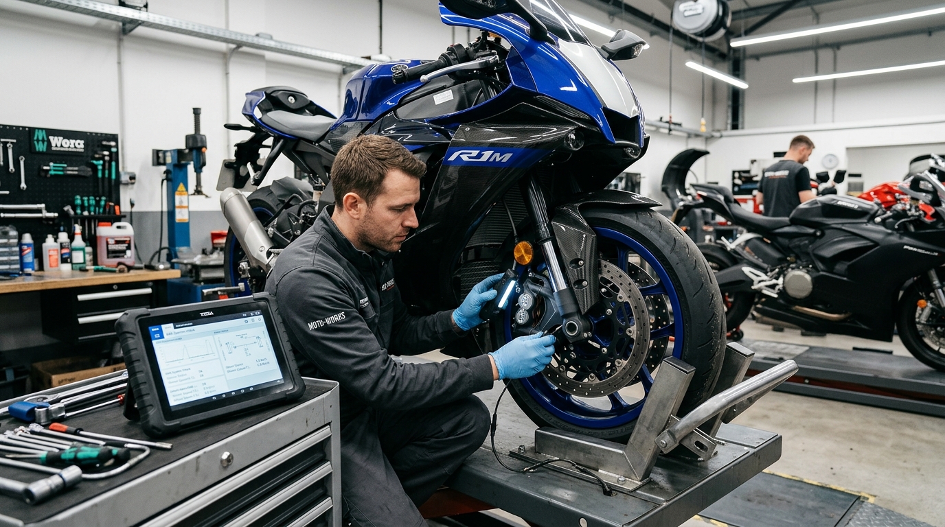 Motorcycle ABS inspection in a professional service shop