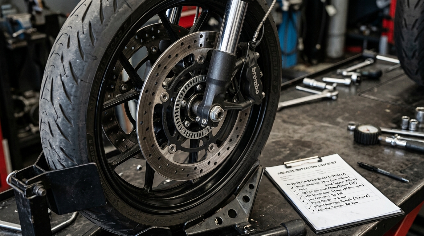 Motorcycle ABS sensor, brake rotor, and tire inspection