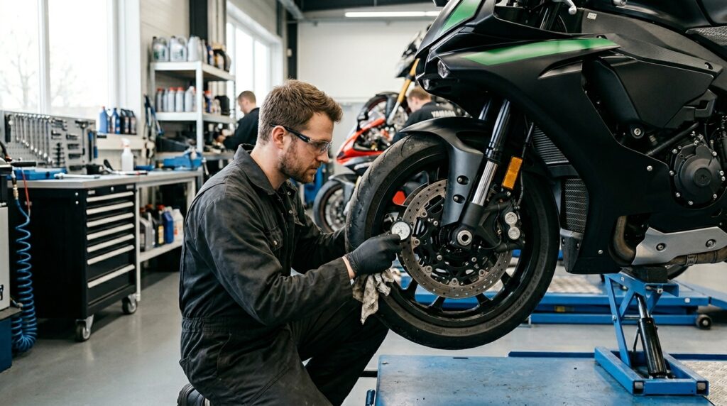 Motorcycle brake and tire inspection before the riding season