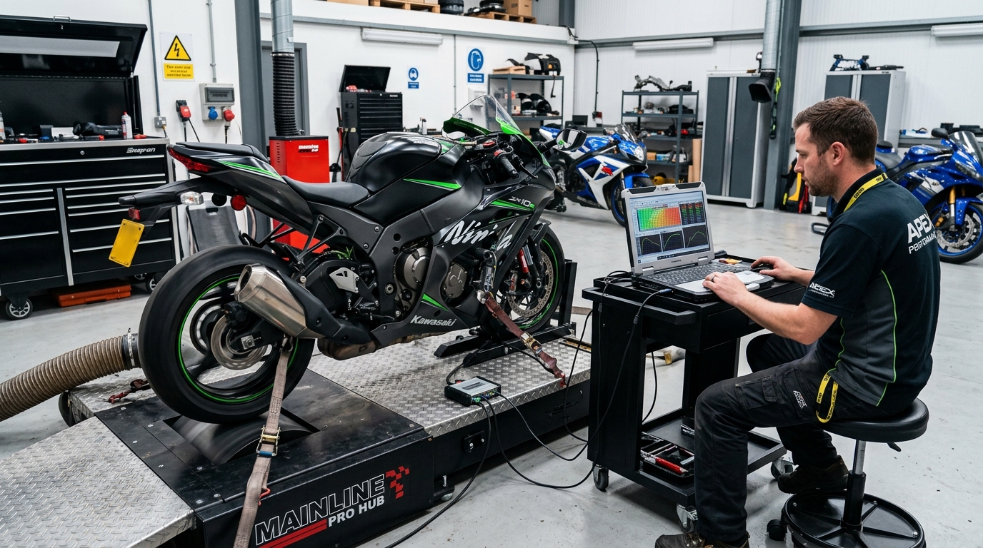 Motorcycle dyno tuning and performance inspection after safety upgrades