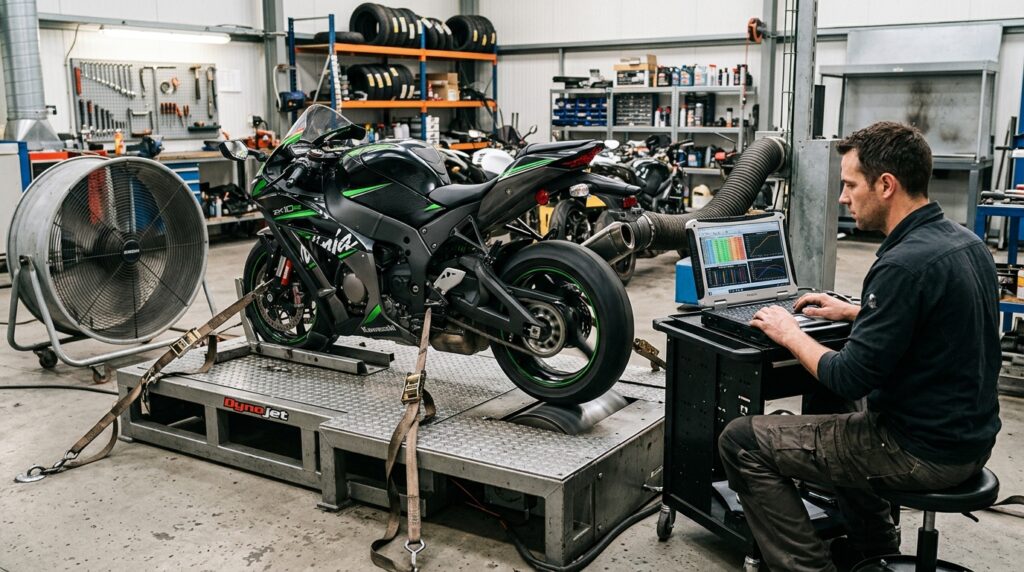 Motorcycle fuel injection cleaning and dyno tuning in a performance shop