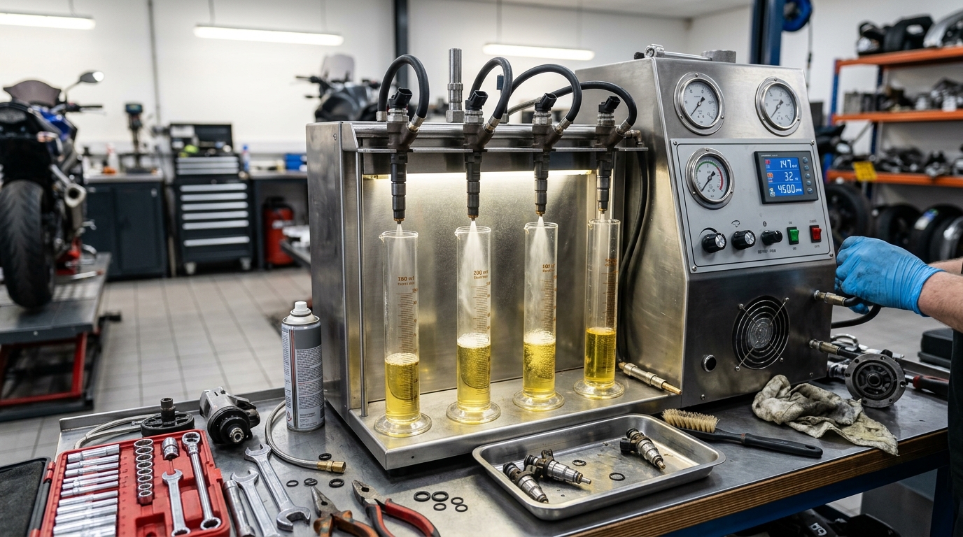 Motorcycle fuel injectors being cleaned and tested for better performance
