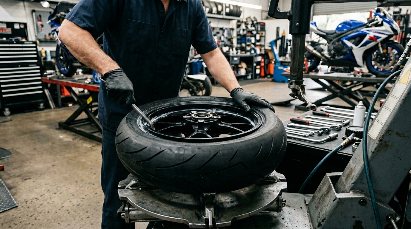 Motorcycle tire installation and wheel balancing service