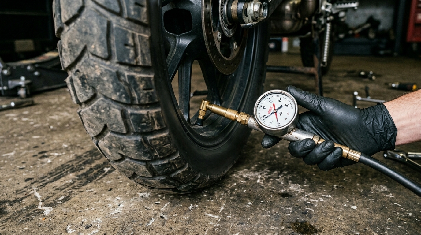 Motorcycle tire pressure check before tire replacement