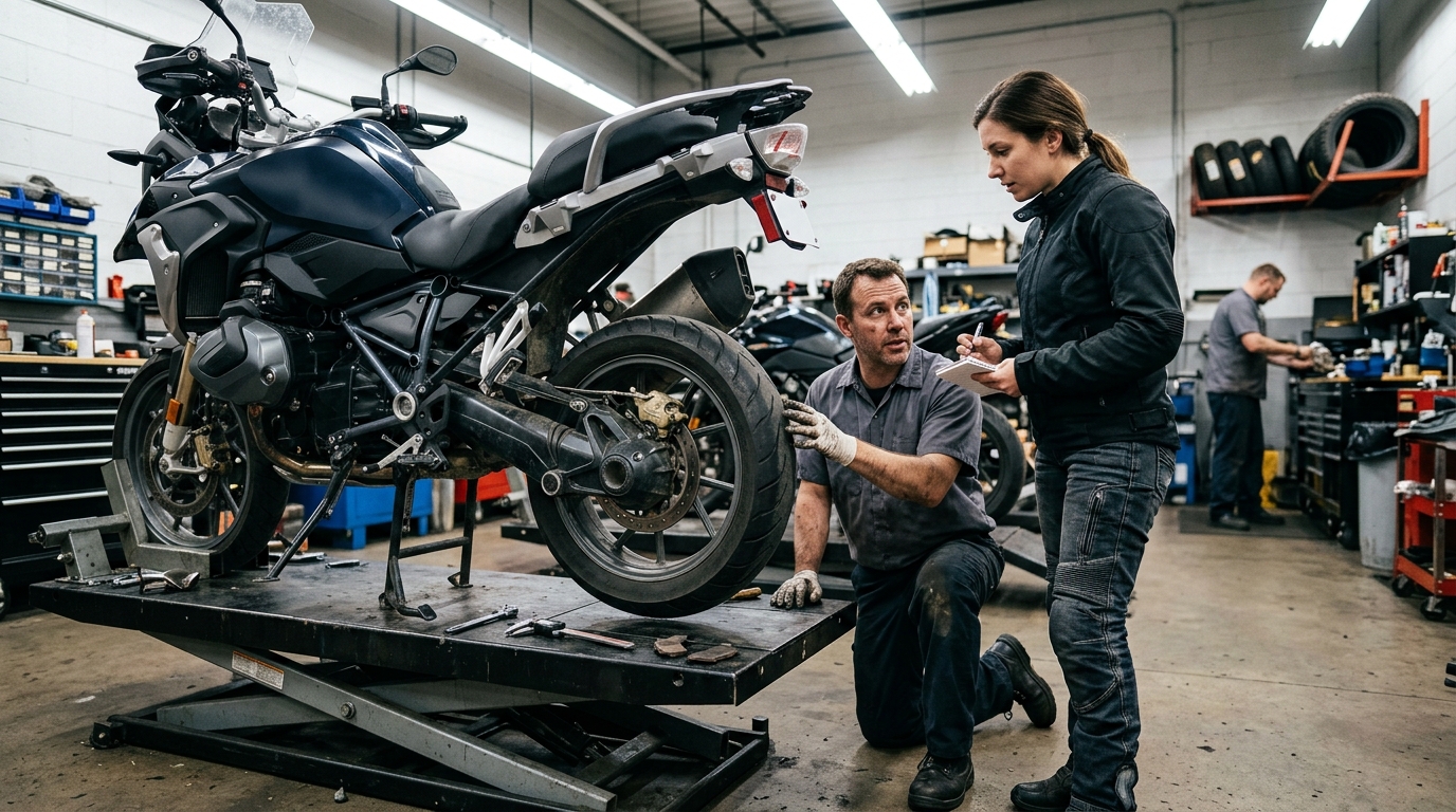 Rider discussing brake feel tire wear and ABS inspection with technician