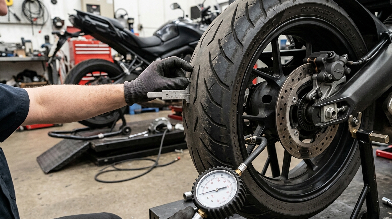 Technician checking motorcycle tire tread and brake rotor condition