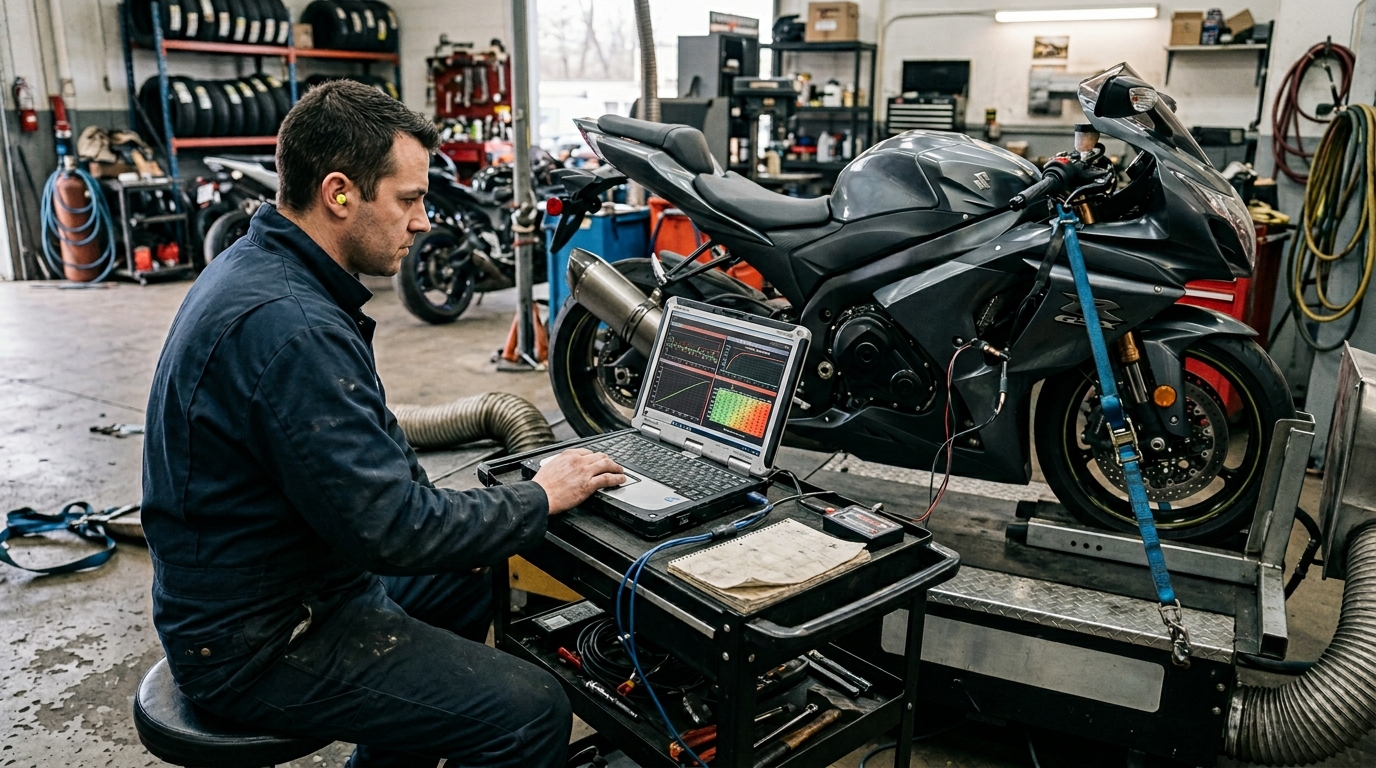 Technician reviewing motorcycle dyno tuning and fuel map data