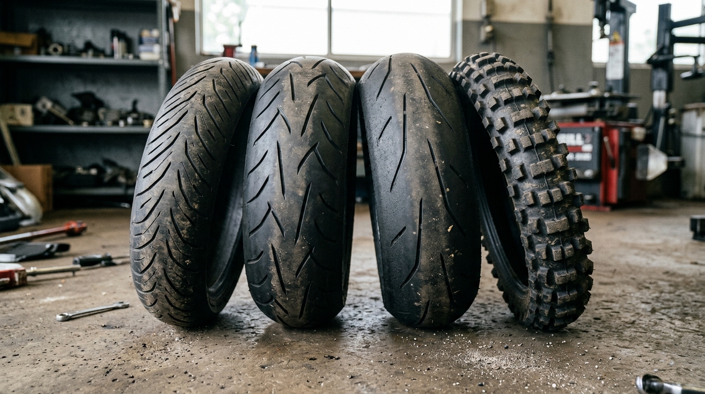 Close-up comparison of motorcycle tire tread patterns for street, sport, track, and dirt riding