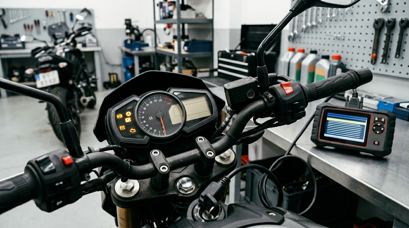 Motorcycle dashboard showing ABS, traction control, and check engine warning lights during diagnostics
