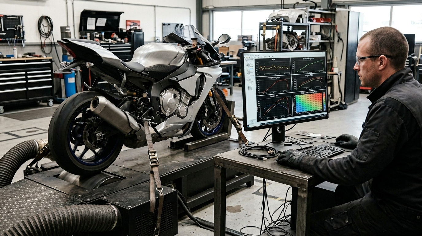Motorcycle dyno tuning session with fuel injection data and throttle response diagnostics