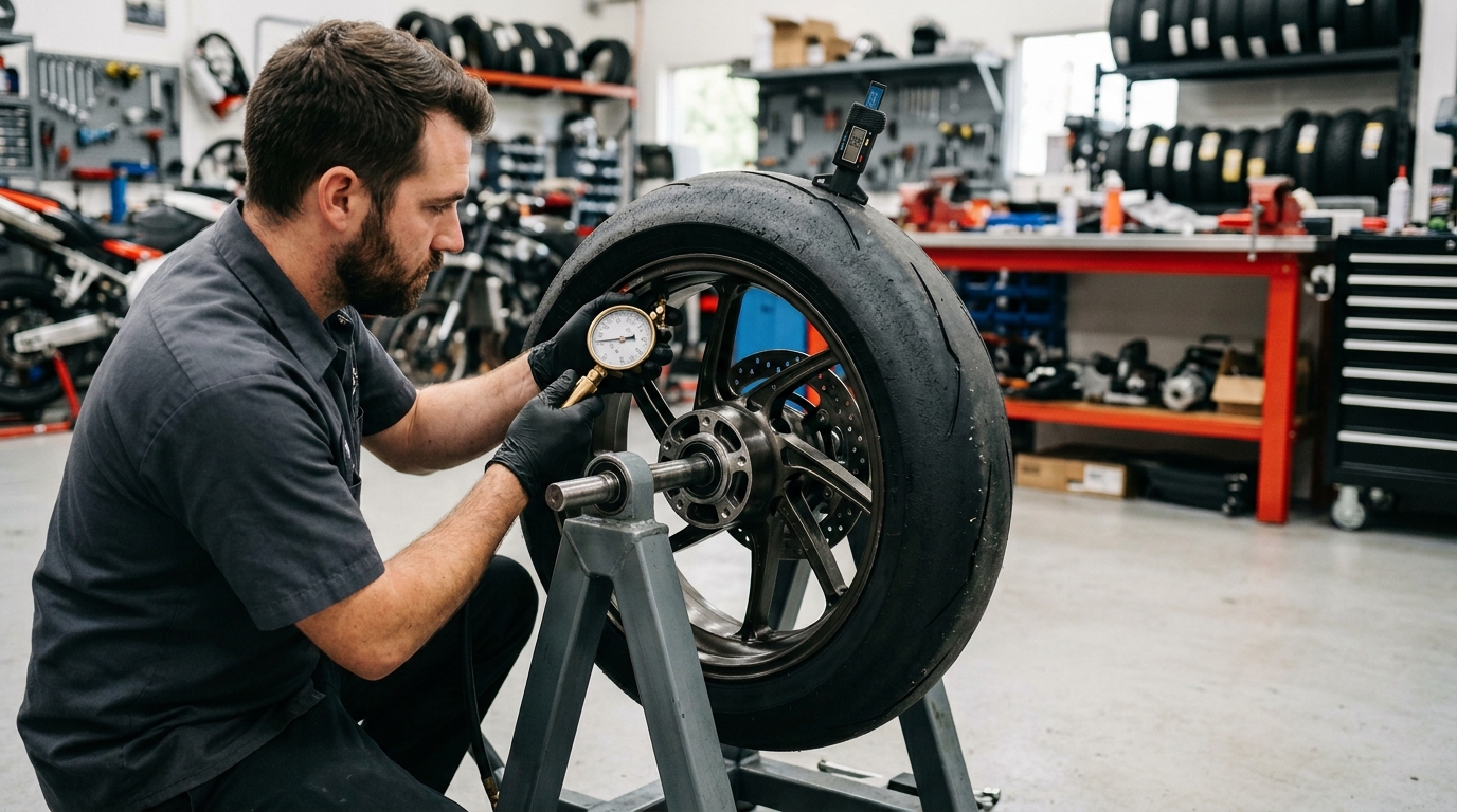 Motorcycle tire inspection with pressure gauge, tread tool, and wheel balancing equipment