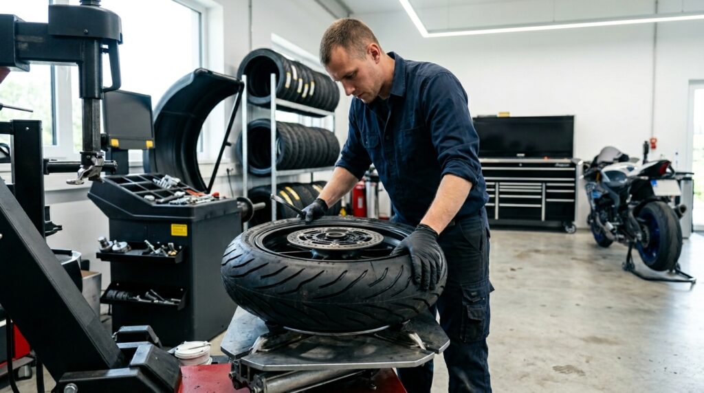 Technician installing a performance motorcycle tire during a motorcycle tire upgrade service