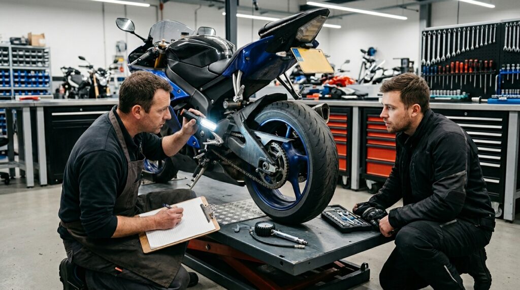Technician performing a pre-purchase inspection on a used motorcycle before the buyer makes a decision