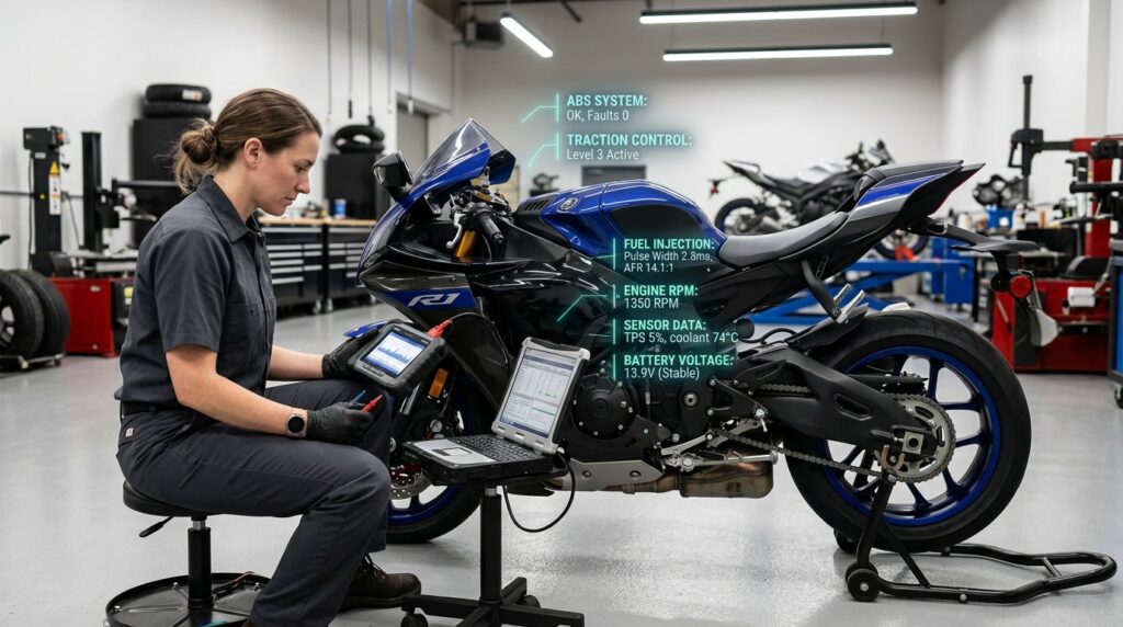 Technician performing smart motorcycle diagnostics on a modern sportbike with ABS and fuel injection data