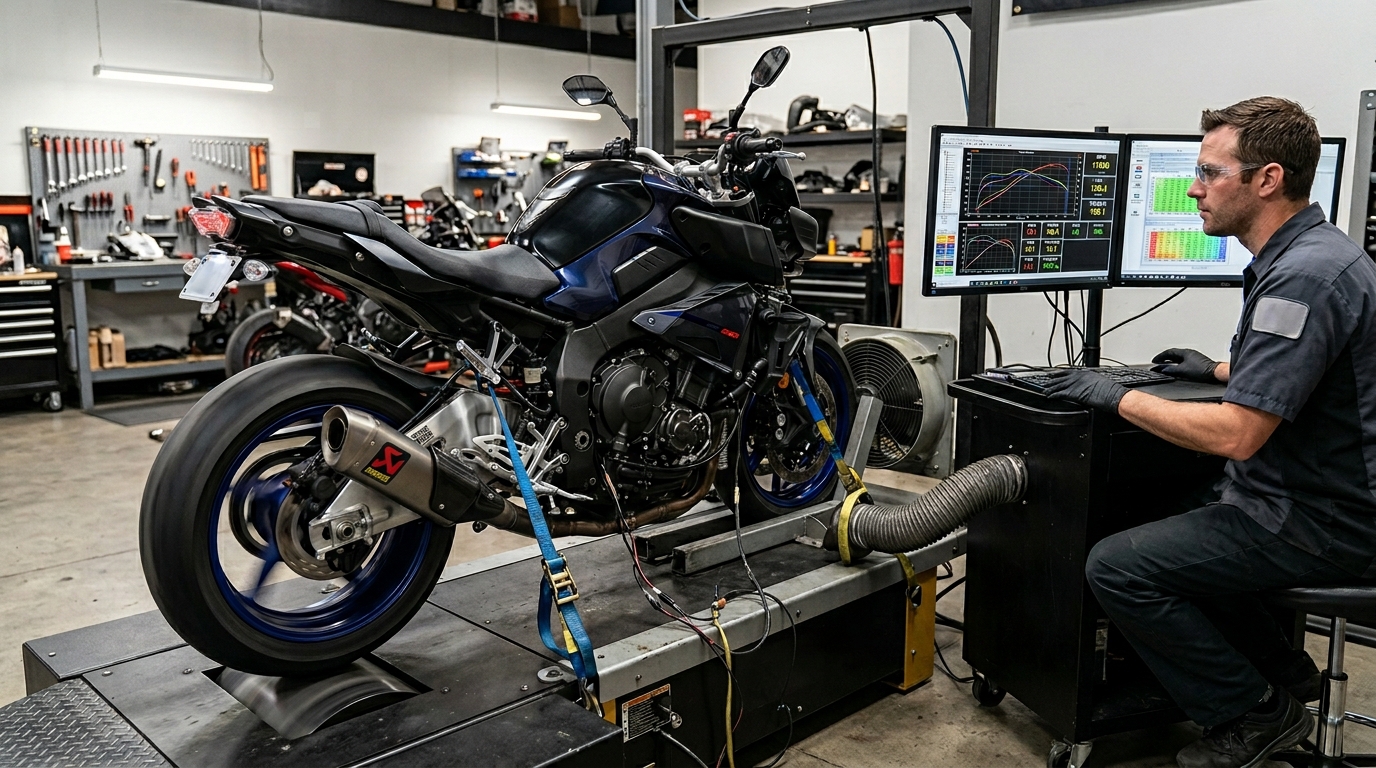 Used motorcycle dyno inspection showing engine performance and fuel injection data before purchase