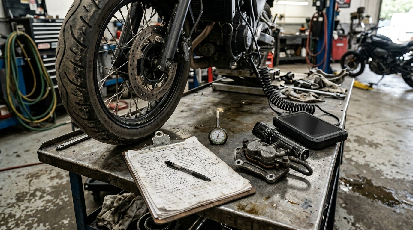 Used motorcycle inspection checklist with tire gauge, brake components, and diagnostic scanner