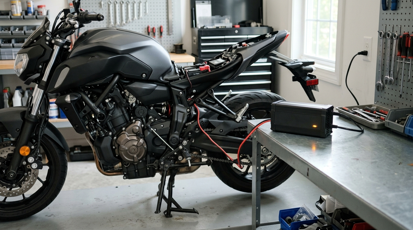 Lithium-compatible charger connected safely to a motorcycle battery
