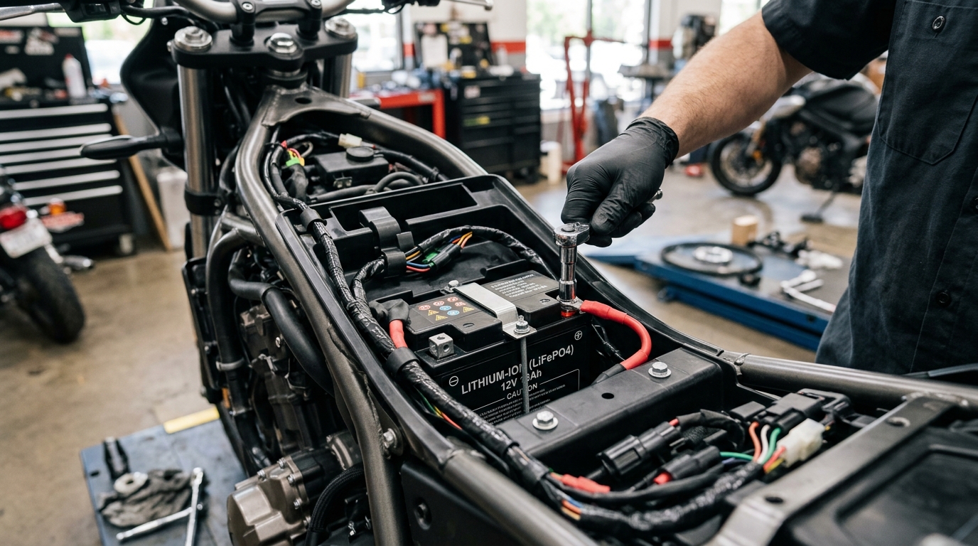 Lithium motorcycle battery installed securely in a motorcycle battery tray