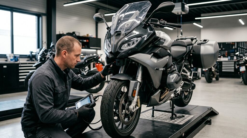 Modern motorcycle with radar and camera rider assistance systems being inspected