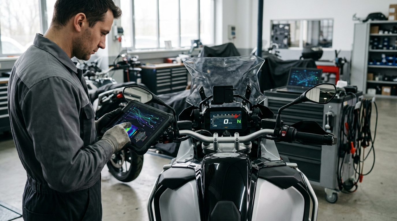 Motorcycle rider assistance dashboard checked during electrical diagnostics