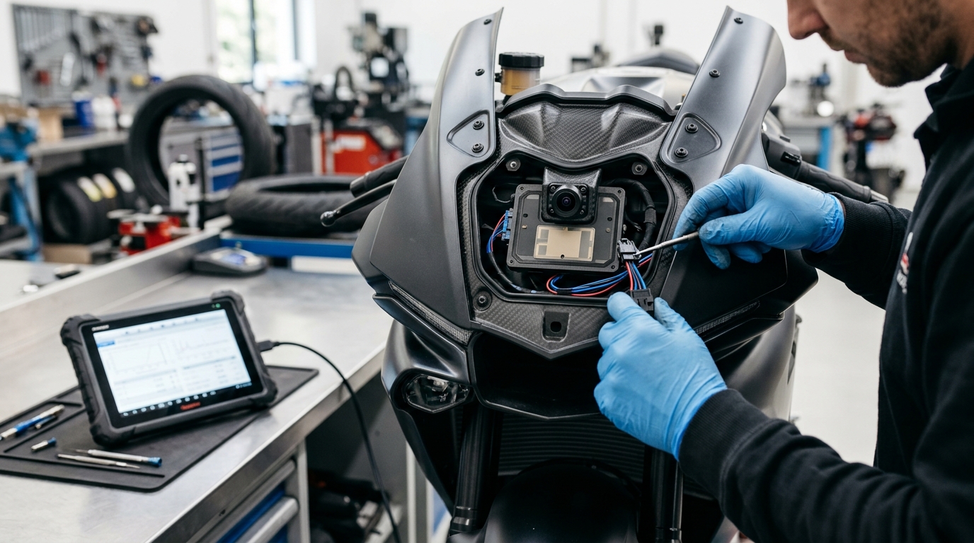 Technician checking motorcycle radar and camera sensor alignment