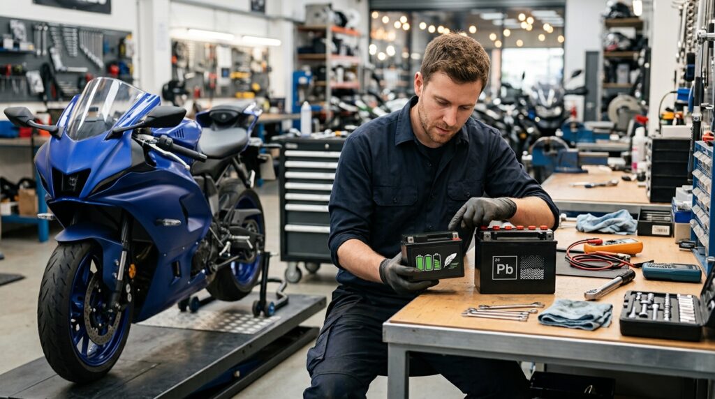 Technician comparing lithium and AGM motorcycle batteries in a workshop