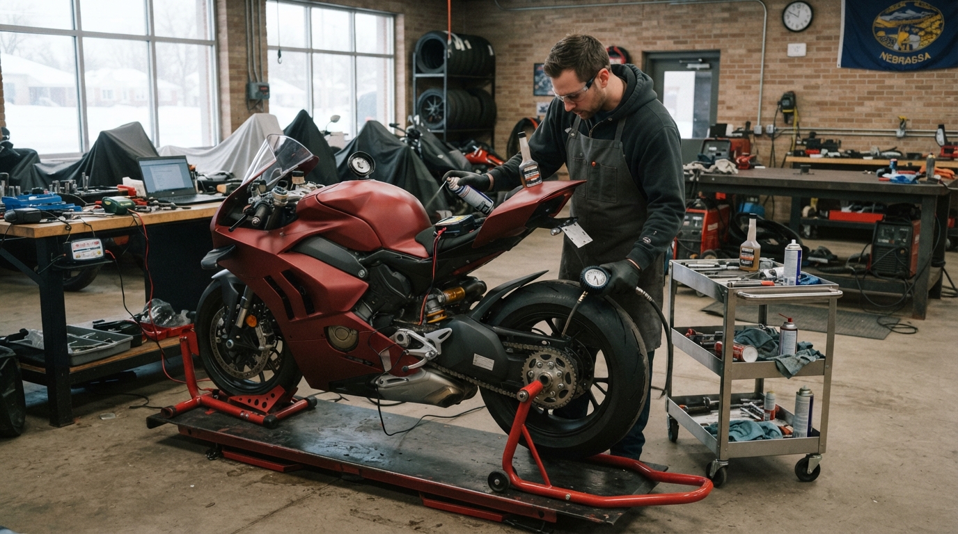 Tire and chain inspection before motorcycle winter storage