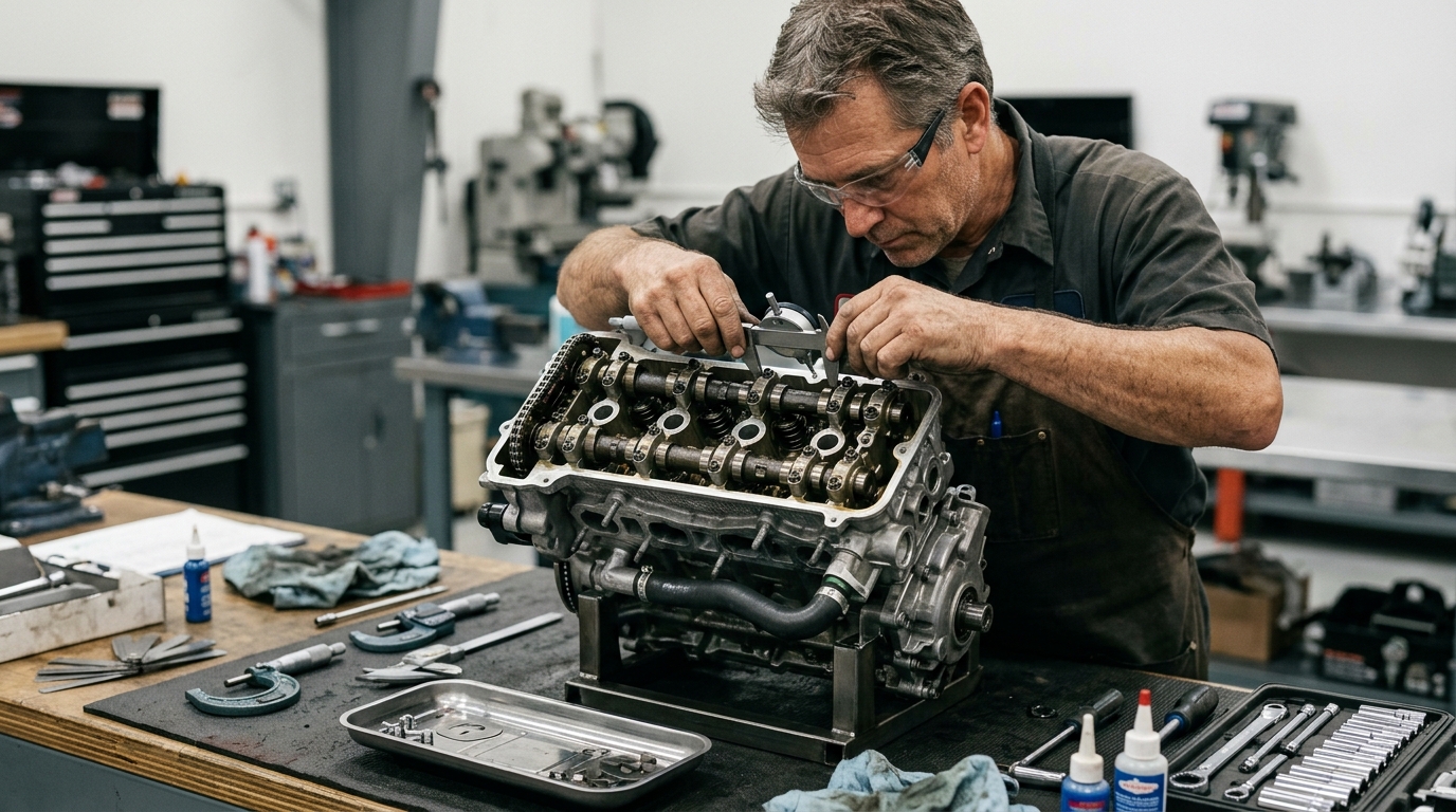 Mechanic inspecting a motorcycle-derived Micro Sprint racing engine during off-season maintenance
