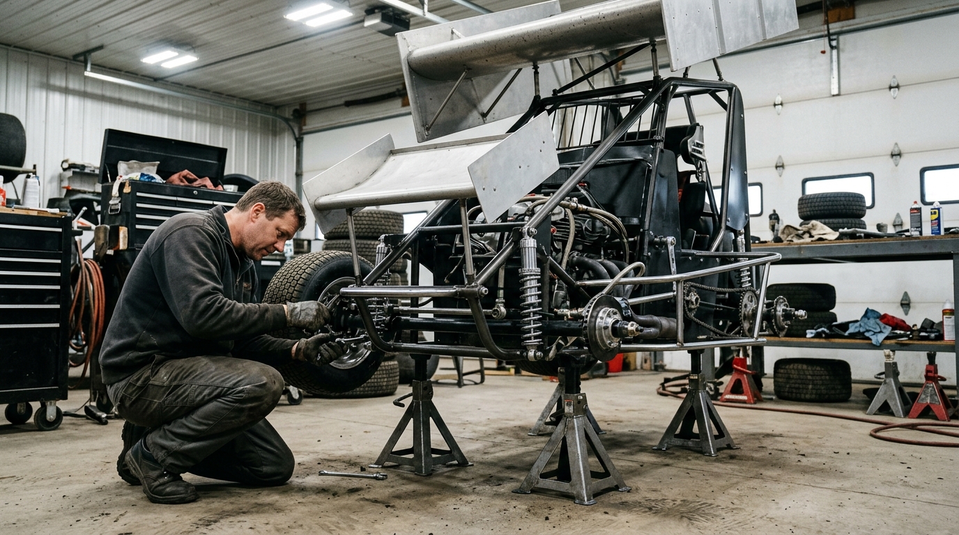Micro Sprint chassis and suspension inspection before the next racing season