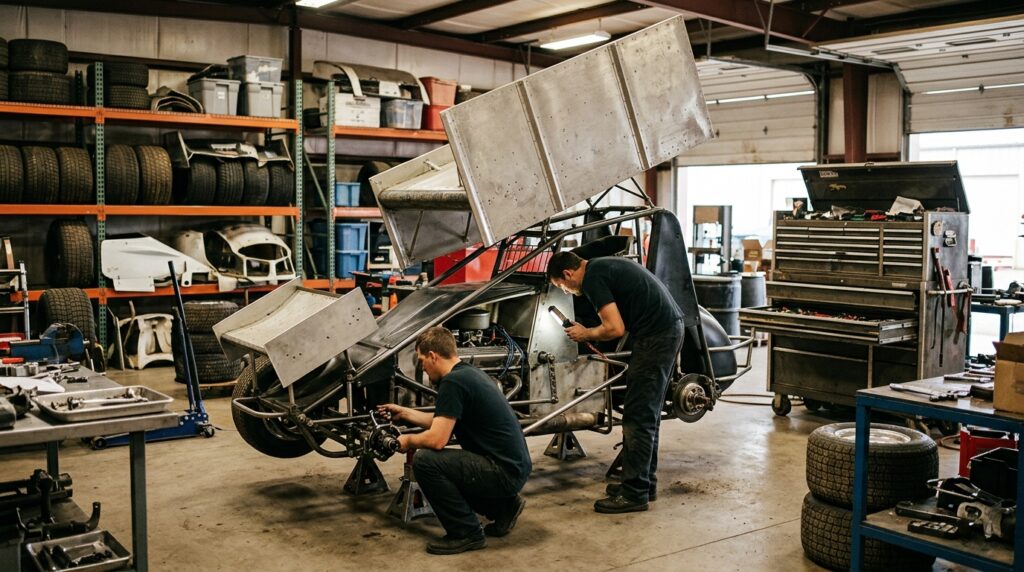 Micro Sprint off-season maintenance in 2026 with a race car undergoing workshop inspection